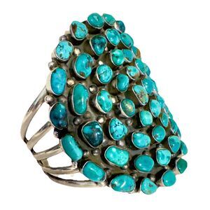 Signed Huge Navajo Sterling Silver Turquoise Cluster Bracelet‎ 152 Grams Museum